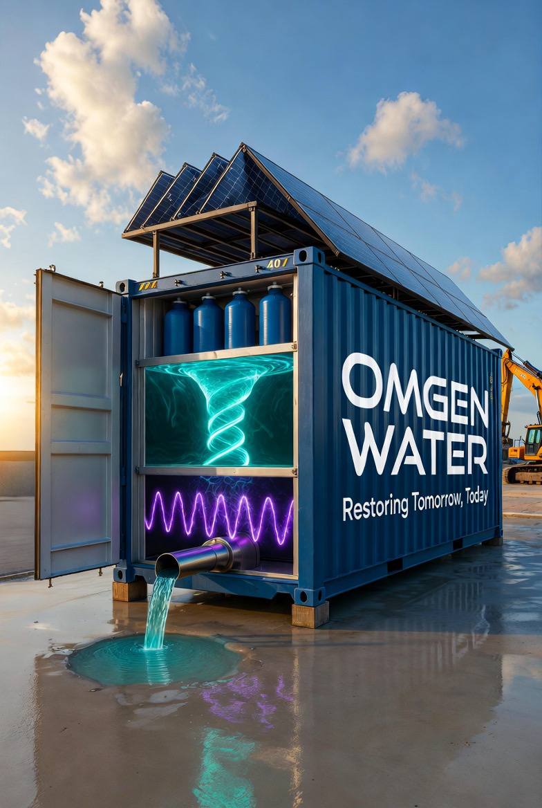 OMGEN 40-foot containerized water treatment unit with vortex and plasma frequency encoding