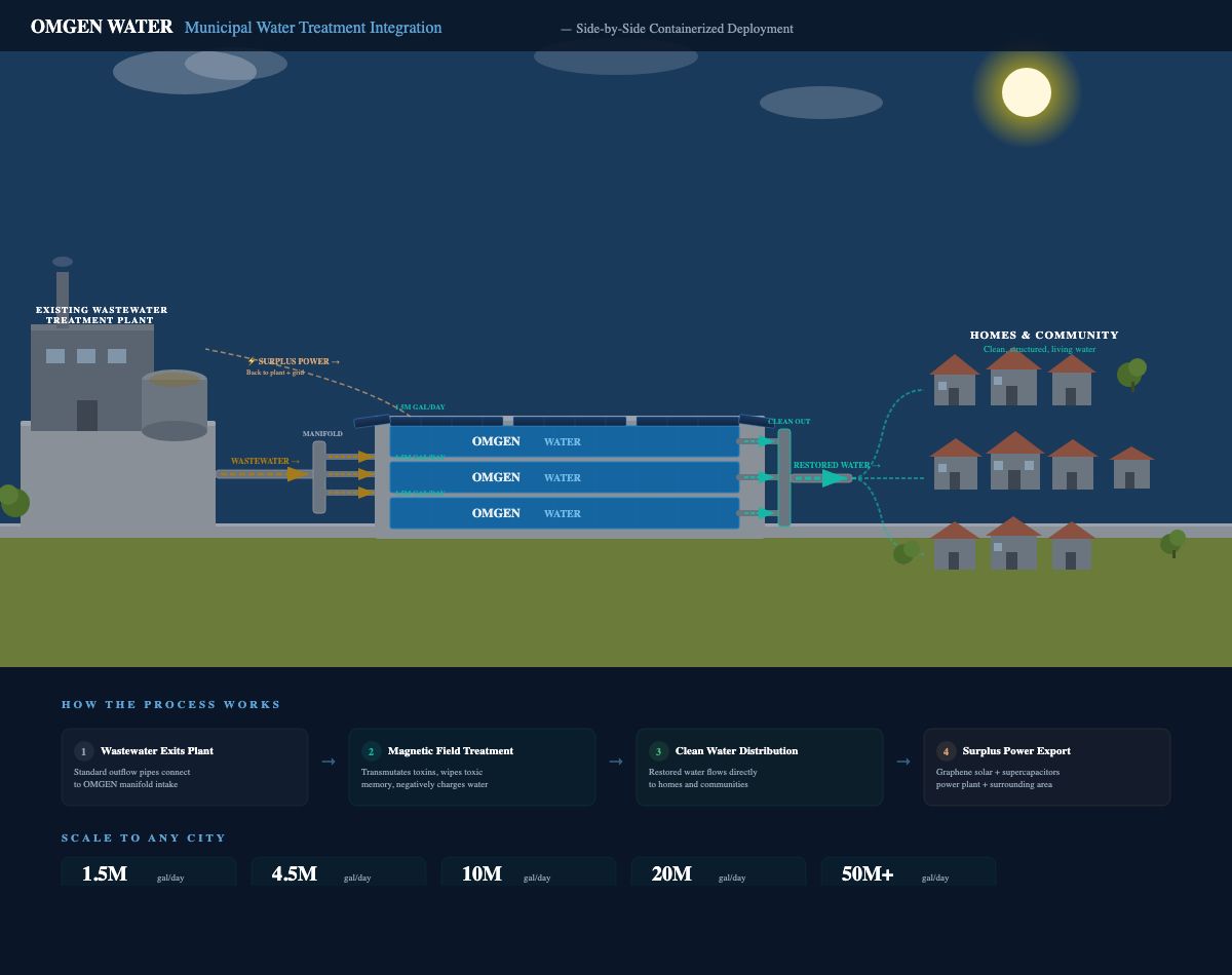 OMGEN Municipal Water Treatment Integration — containers side by side with water lines to homes